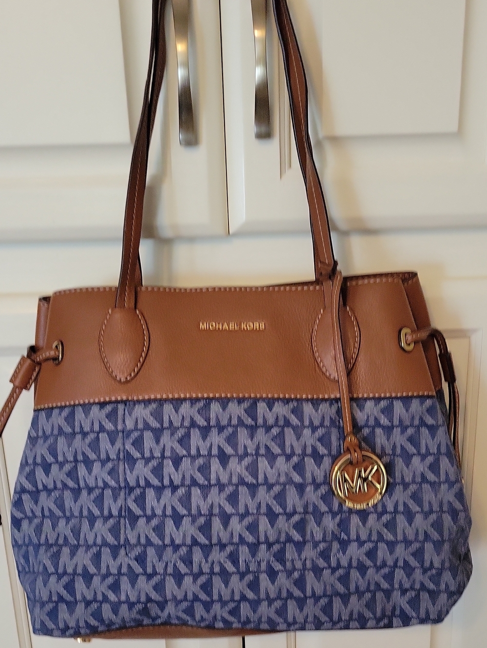 Michael Kors Blue MK Signature Tote with Brown Leather Trim